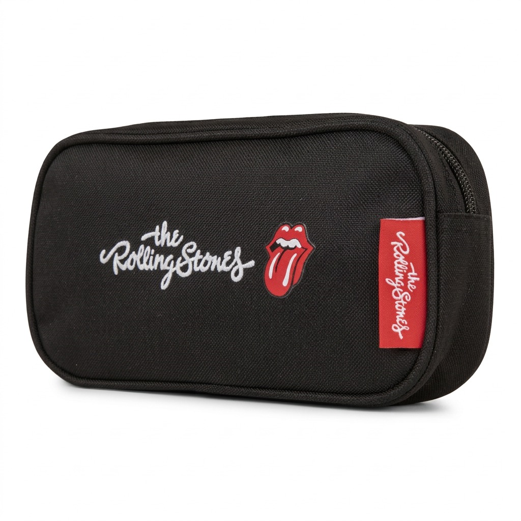 A pure hero shot of the Bugatti Rolling Stones pencil case, featuring accurate logos and branding against a white background.