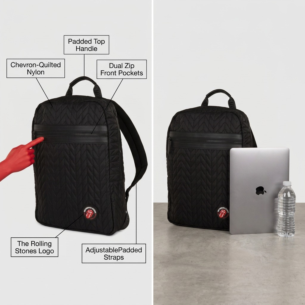 Scale reference of The Rolling Stones backpack next to a standard 13-inch laptop and a water bottle.