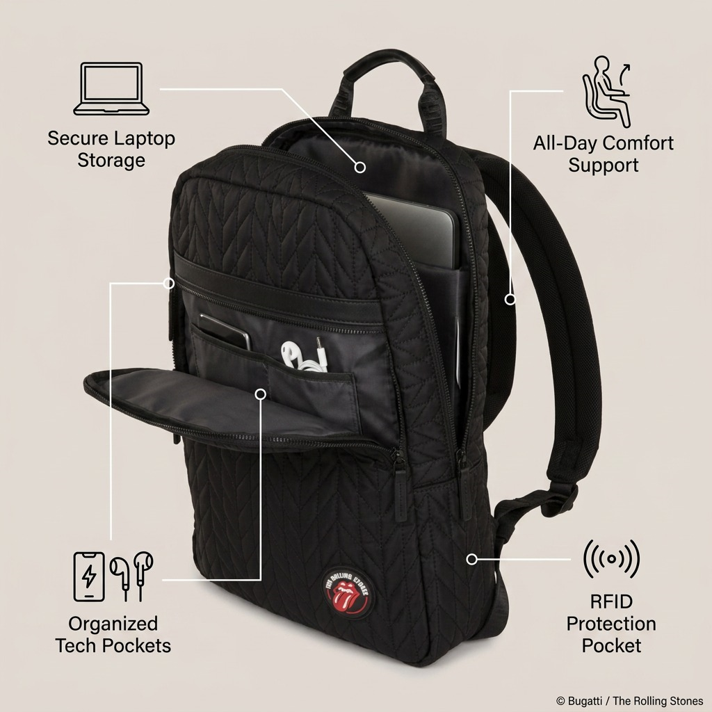 A diagram of a black backpack with callouts for 'Tablet Sleeve', 'Media Pocket', 'Rolling Stones Logo', and 'Quilted Nylon'.