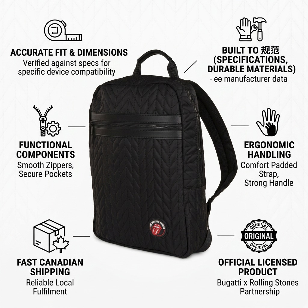 A PDP infographic for a Bugatti Rolling Stones backpack, highlighting its features, quality, and shipping details with clear visuals and text.