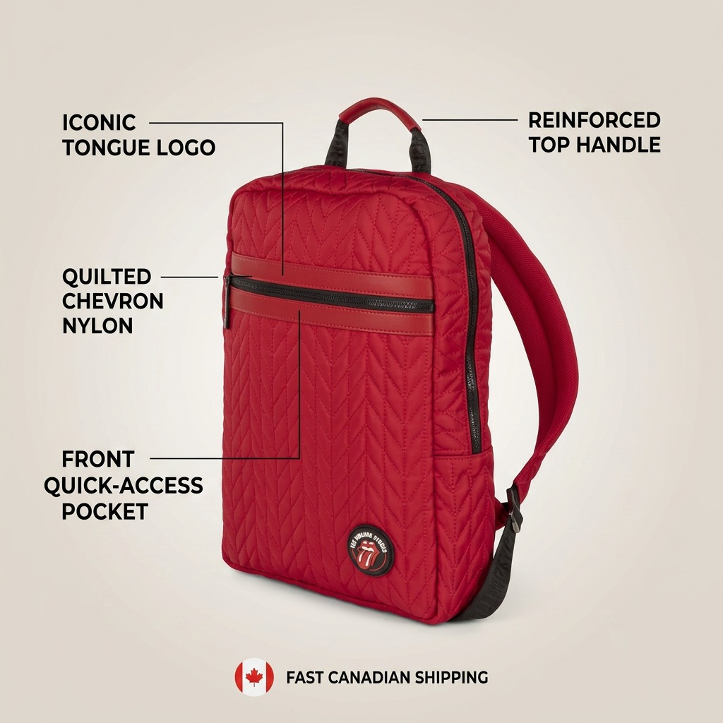A detailed diagram of the red Bugatti The Rolling Stones backpack, with feature labels pointing to the logo, front zipper, and handle.