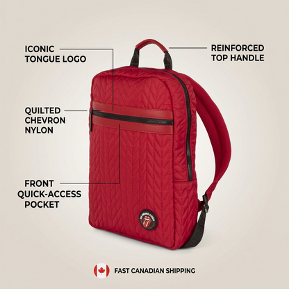 A detailed diagram of the red Bugatti The Rolling Stones backpack, with feature labels pointing to the logo, front zipper, and handle.