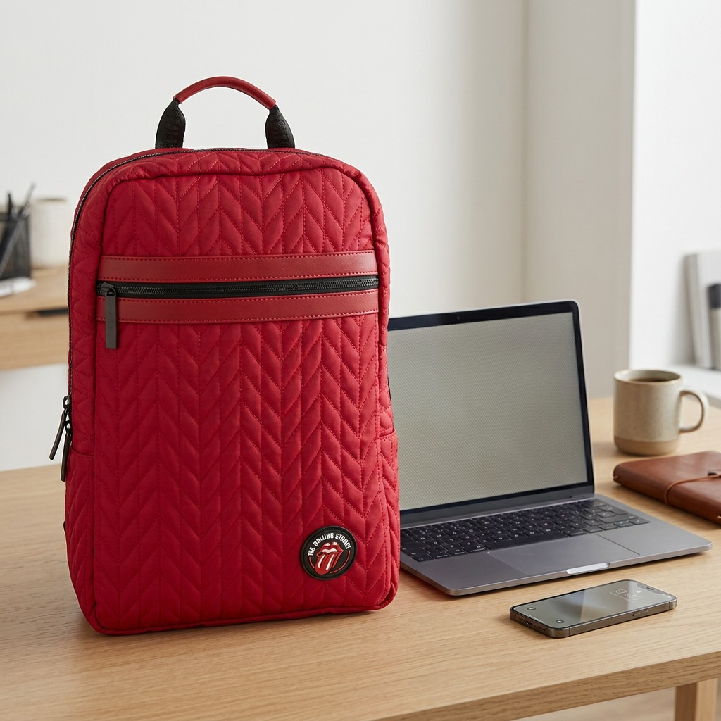 A scale matrix photo showing the quilted red backpack next to a 13-inch laptop on a desk.