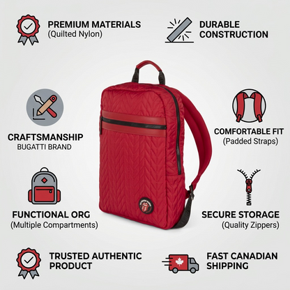 An infographic image for the red quilted Bugatti Rolling Stones backpack, highlighting key product benefits with clear icons and concise descriptors such as 'PREMIUM MATERIALS (Quilted Nylon)', 'DURABLE CONSTRUCTION', 'CRAFTSMANSHIP BUGATTI BRAND', 'COMFORTABLE FIT (Padded Straps)', 'FUNCTIONAL ORG (Multiple Compartments)', 'SECURE STORAGE (Quality Zippers)', 'TRUSTED AUTHENTIC PRODUCT', and 'FAST CANADIAN SHIPPING', all centered around the canonical product visual on a light grey background.