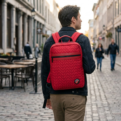 A lifestyle image featuring the red quilted Rolling Stones backpack worn by a person walking through an urban setting.