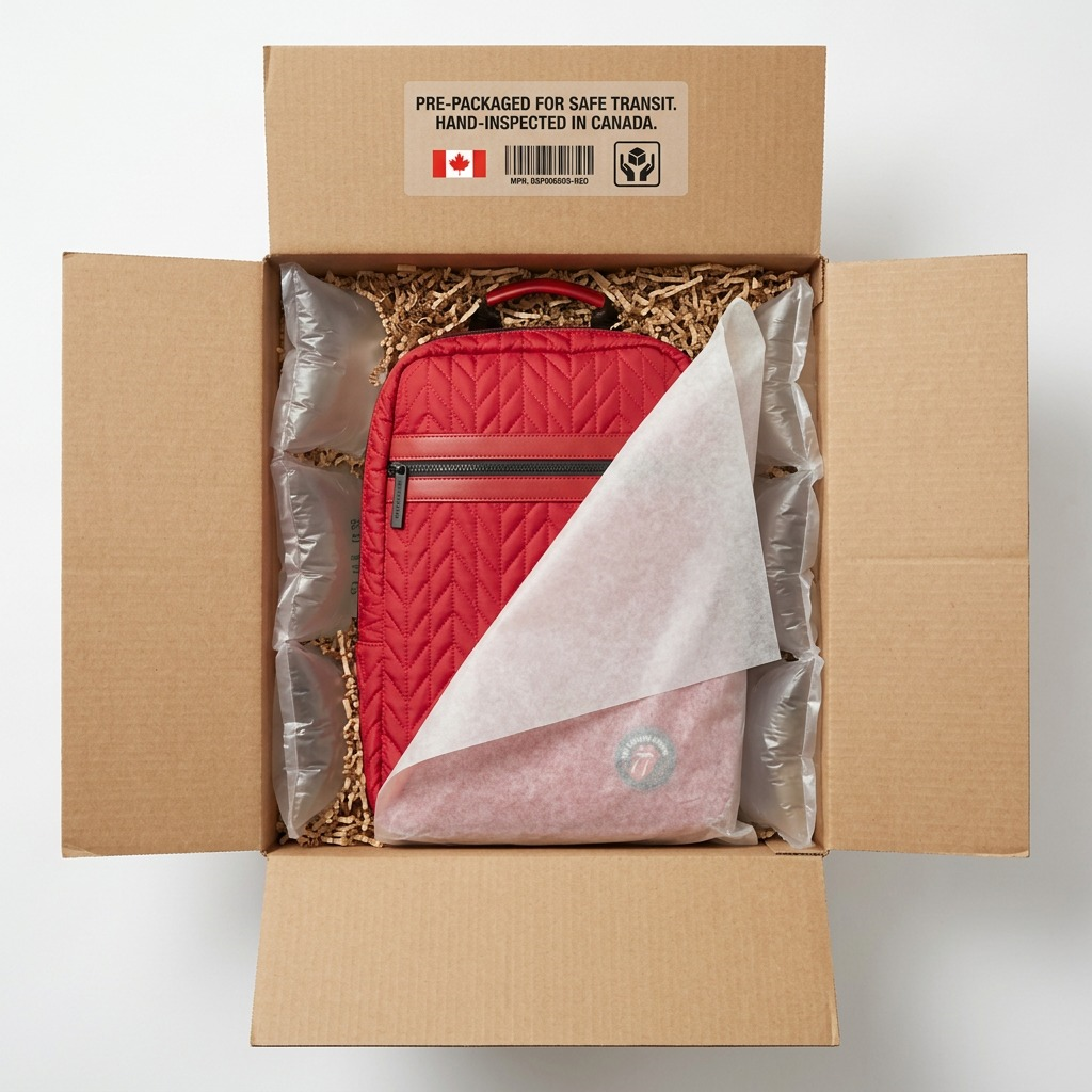 A flat-lay view of the Bugatti Rolling Stones backpack, with tissue paper pulling back, resting in a pristine shipping box.