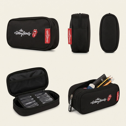 A matrix of three different views (three-quarter, side, and open) of the black Rolling Stones pencil case, shown with a red variant and a blue variant, against a clean beige background.