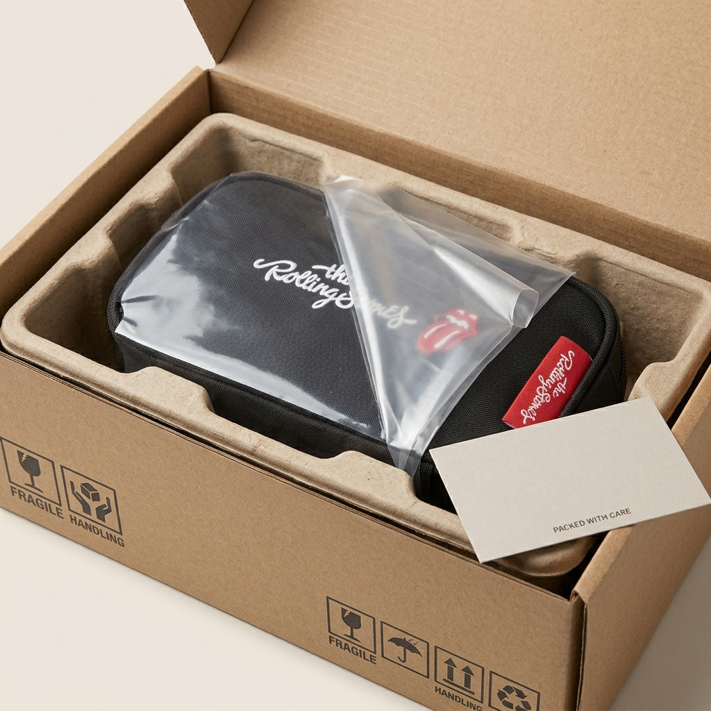A detailed look at the Rolling Stones pencil case safely encased in layers of foam and protective wrap, reducing any concerns for damage.