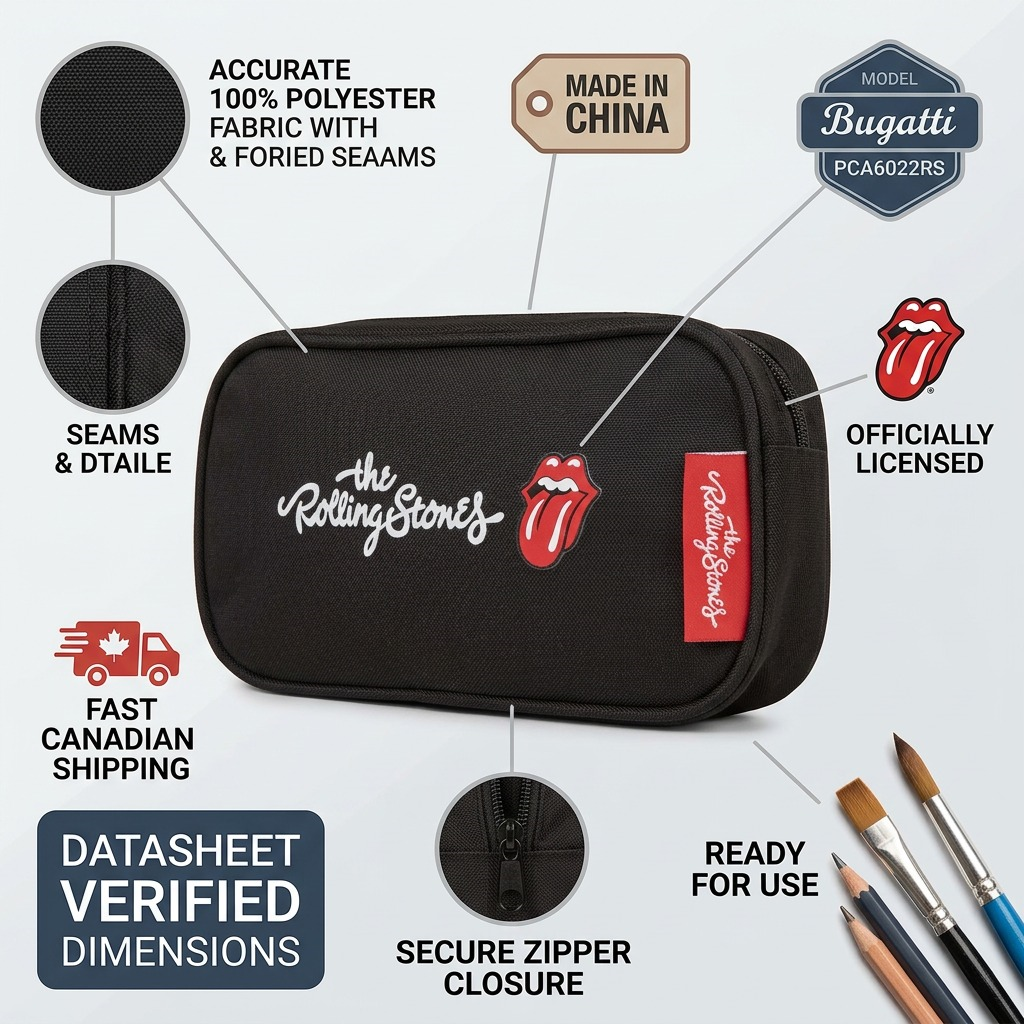An infographic for the Rolling Stones pencil case, featuring accurate details and fast Canadian shipping.