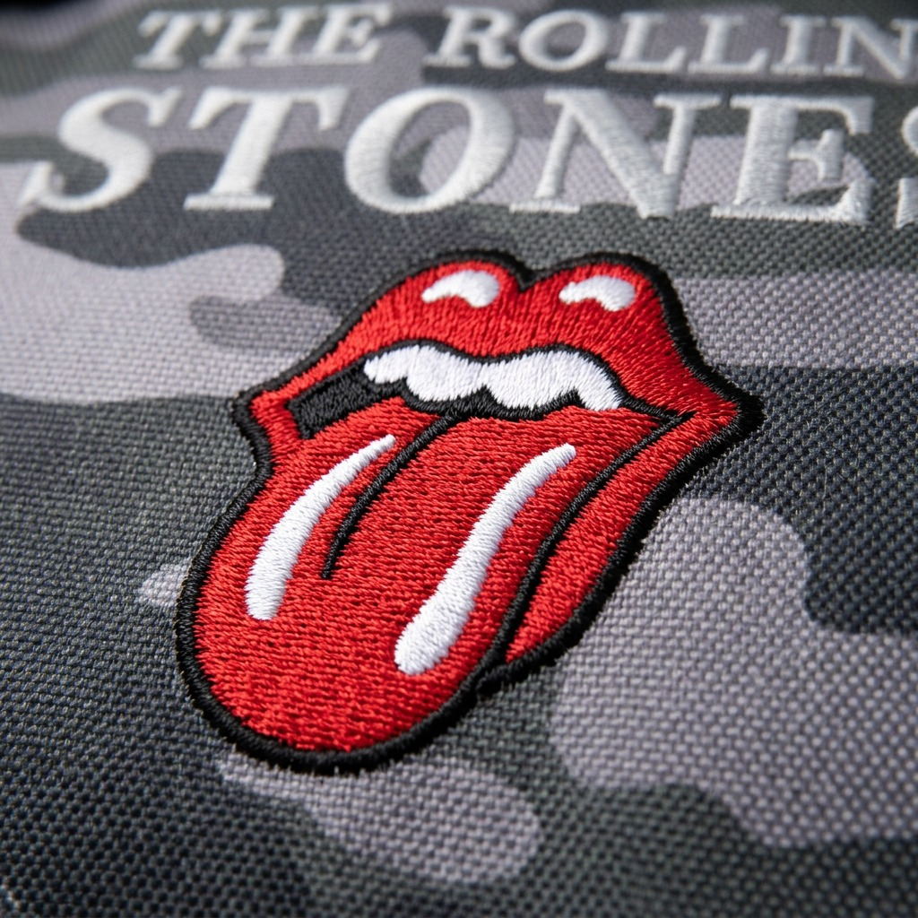 An extreme close-up view of the detailed embroidered red tongue logo and text on camouflage fabric.