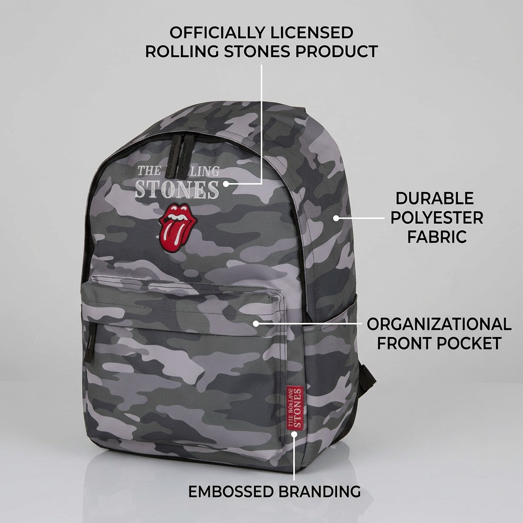 Camo backpack with callouts for branding, fabric, pocket, and licensing.