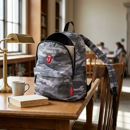 Lifestyle product photo in a library/park, of the Bugatti Rolling Stones camouflage backpack.