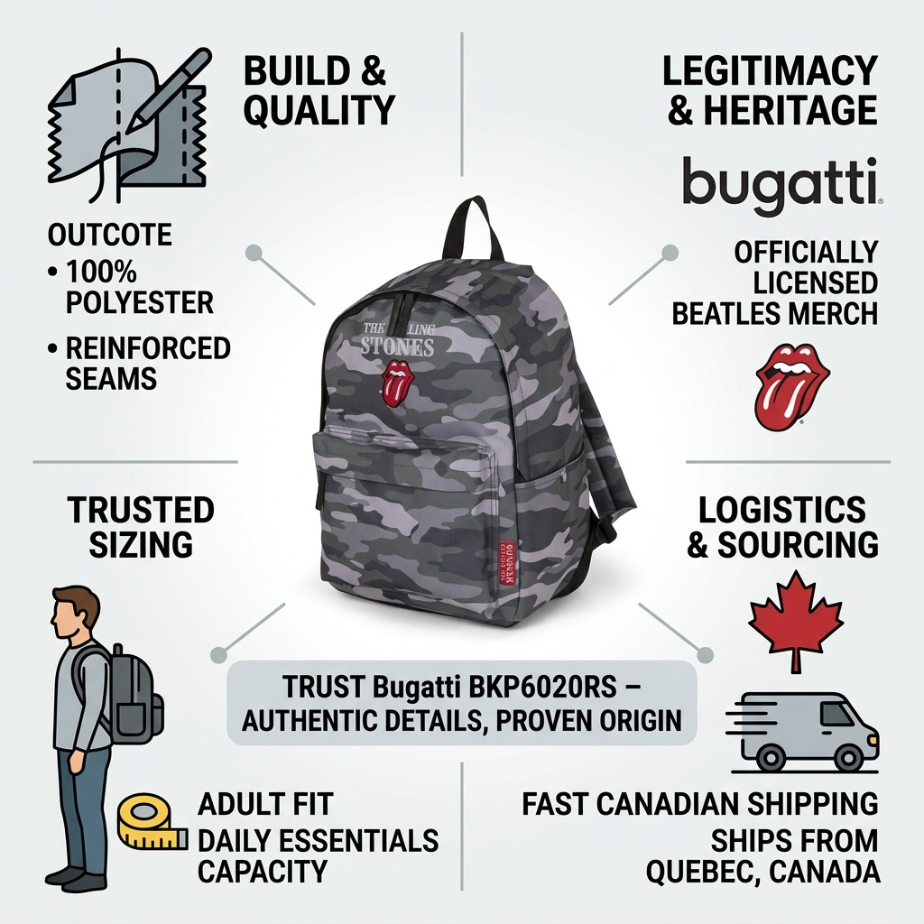 Trust and authority infographic showing Bugatti Rolling Stones camouflage backpack details and fast Canadian shipping.