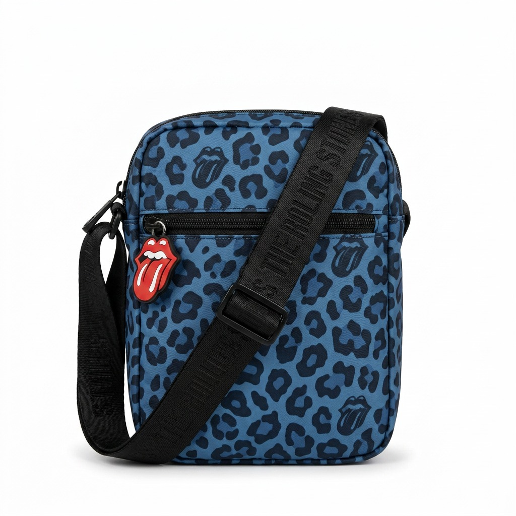 High-resolution hero shot of the blue leopard print Rolling Stones crossbody bag with red logo charm.