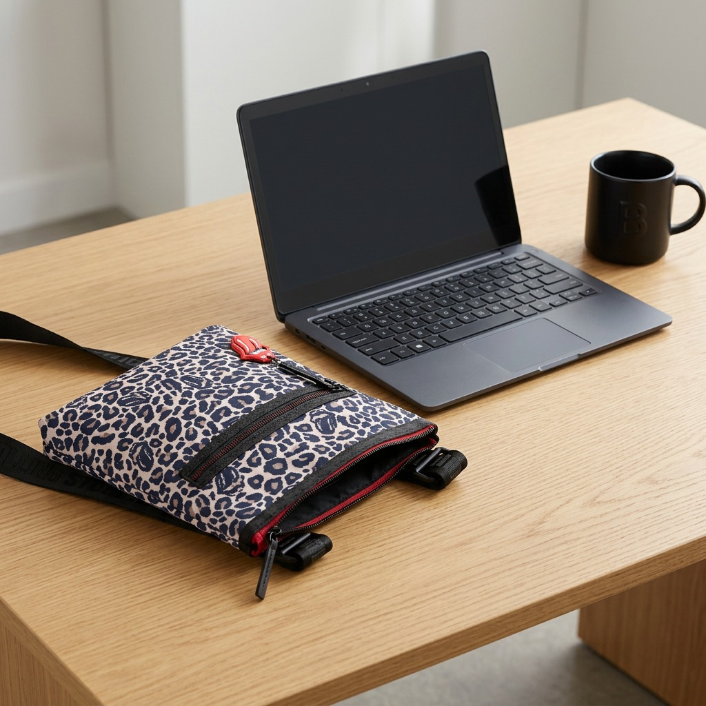 Leopard print crossbody bag with Rolling Stones branding on a desk next to an open laptop and mug.