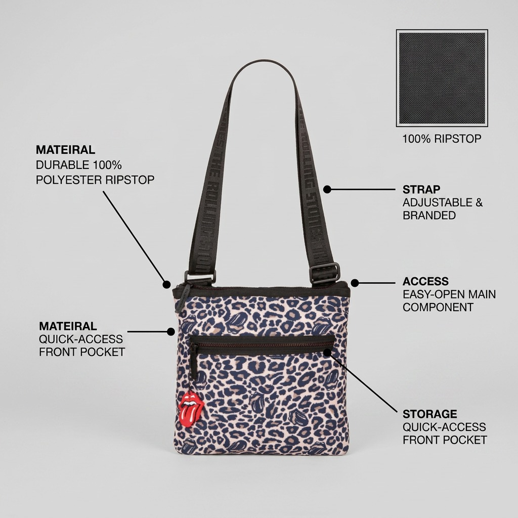 Bugatti CBY6012RS crossbody bag PDP feature graphic with clean labels, pointer lines, and "100% Ripstop" callout.