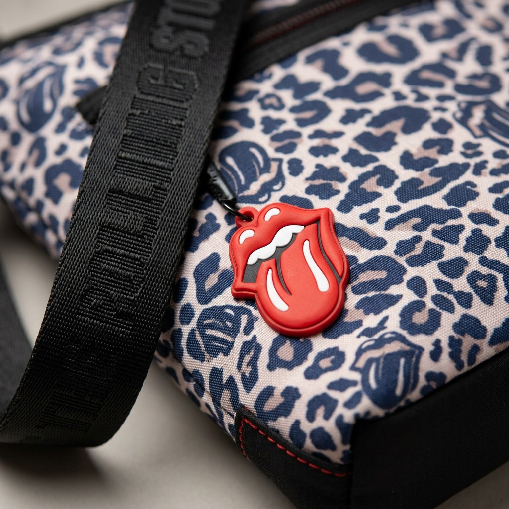 Macro photo detailing the the Rolling Stones vinyl charm, ripstop fabric texture, and custom web strap.