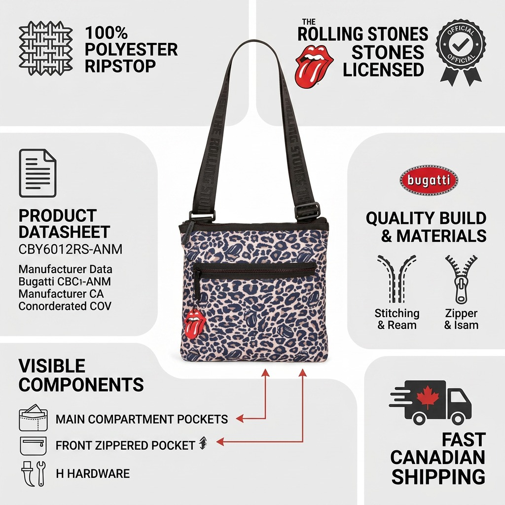 Trust and authority infographic matrix for the Bugatti Rolling Stones crossbody bag with key product facts.