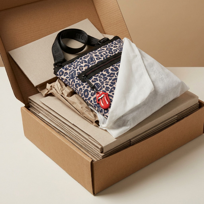 Bugatti Rolling Stones bag unboxing, showing protected shipping package.