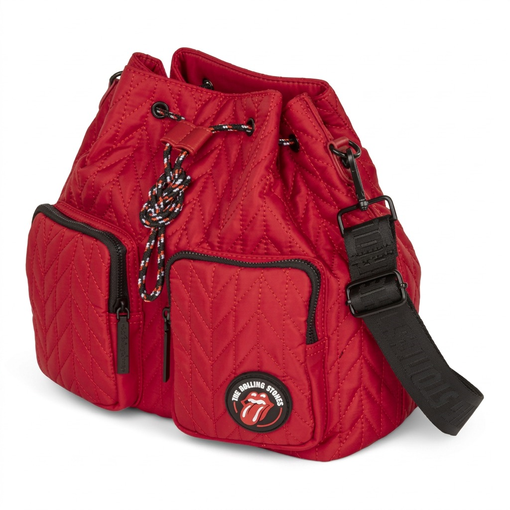 High-resolution hero shot: quilted red Bugatti The Rolling Stones crossbody bucket bag on white background.
