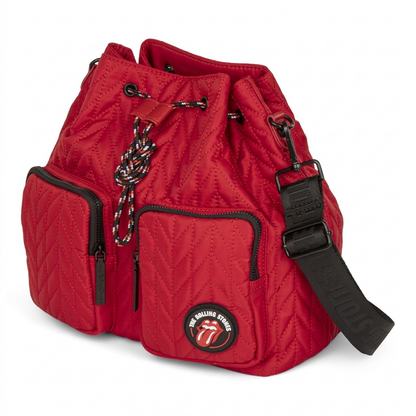 High-resolution hero shot: quilted red Bugatti The Rolling Stones crossbody bucket bag on white background.