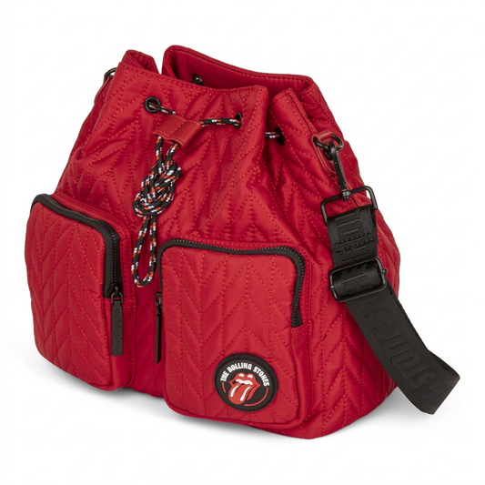 High-resolution hero shot: quilted red Bugatti The Rolling Stones crossbody bucket bag on white background.