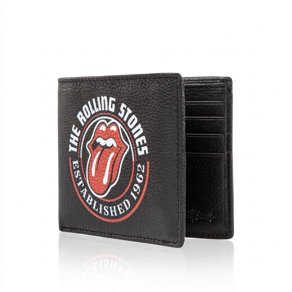A premium black leather Rolling Stones bifold wallet is shown open on a white background.