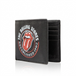 A premium black leather Rolling Stones bifold wallet is shown open on a white background.