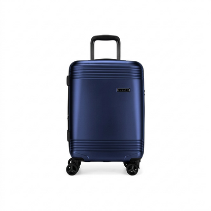 A high-resolution product shot of the dark blue hard-shell carry-on suitcase centered against a pure white background.