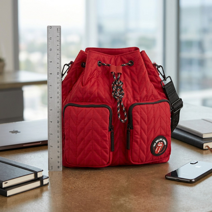 Scale reference of red Rolling Stones backpack showing size next to a 30cm ruler on a desk.
