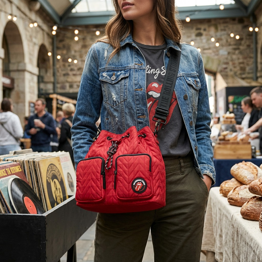 A lifestyle photo showing the red quilted Rolling Stones bucket bag worn on a woman's shoulder, in a casual setting.