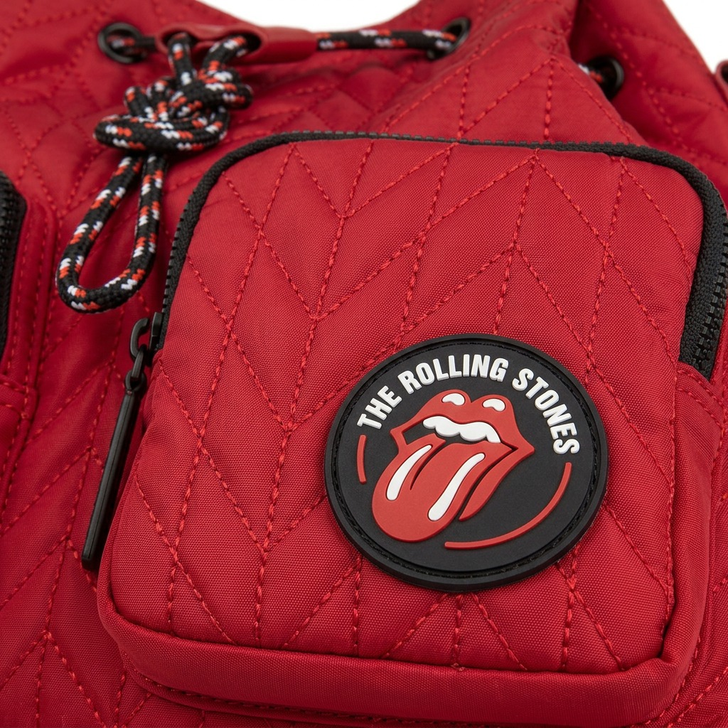 Extreme close-up of the Rolling Stones logo patch, quilted nylon texture, and patterned cord on the red bucket bag.