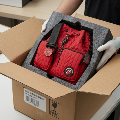 Unboxing: Red Bugatti Rolling Stones quilted bucket bag lifted from foam and a marked shipping box.