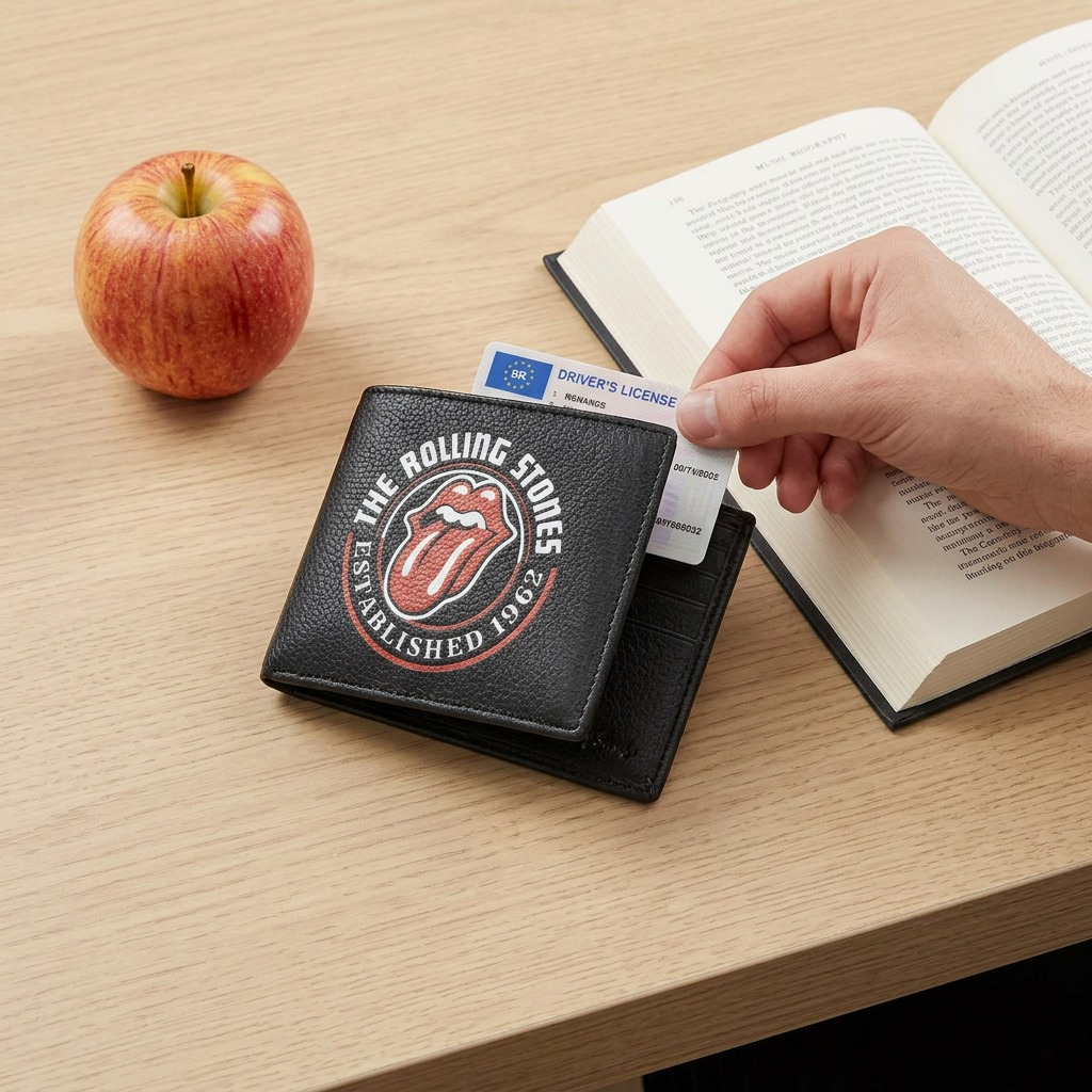 A close-up photograph of the black leather The Rolling Stones wallet resting on an open hardcover book, demonstrating its size.
