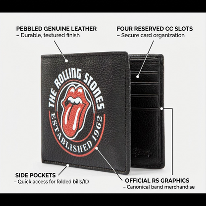 A detailed operational graphic for the Rolling Stones wallet, highlighting key features and official canonical graphics with thin pointer lines and short factual labels, set against a clean white background.