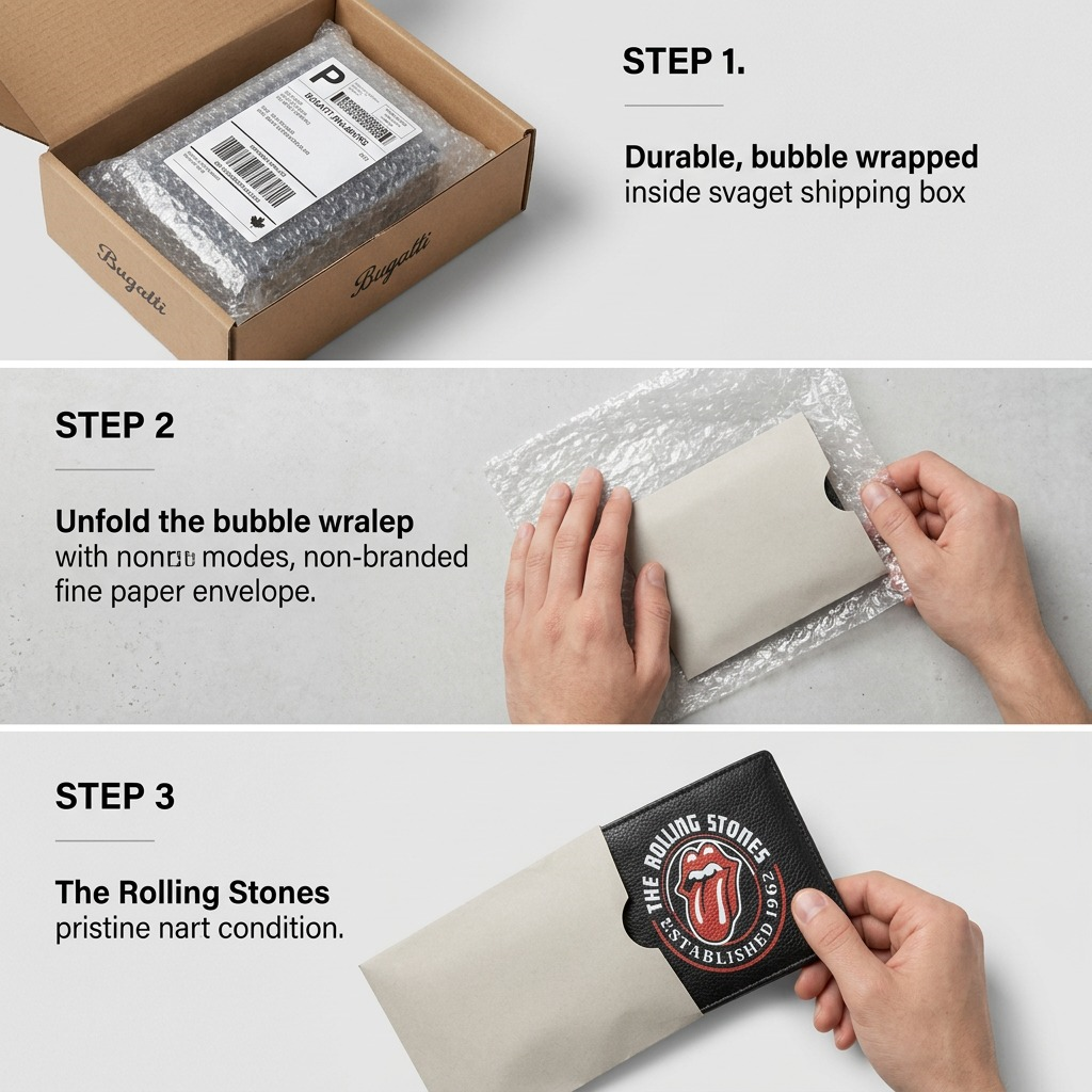 A premium unboxing display of The Rolling Stones wallet from its generic protective shipping materials.