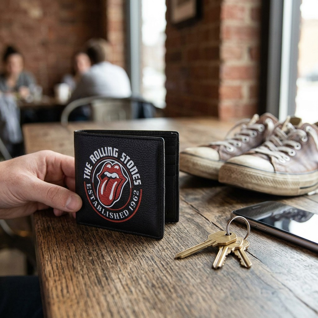 A black leather bifold wallet with an iconic red "Hot Lips" logo rests on a wooden table alongside keys and a phone.