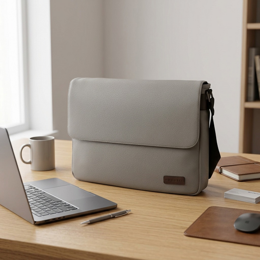 An eye-level product shot with the messenger bag and a common 14" laptop of the same width for size and comparison.