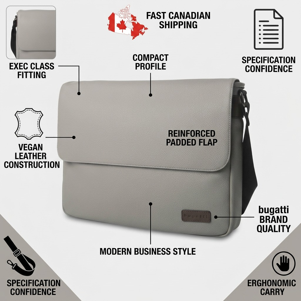 An infographic for and based on image_0.png, showcasing trust factors like vegan leather, fast Canadian shipping, and fit, with the central product image and clear icons.
