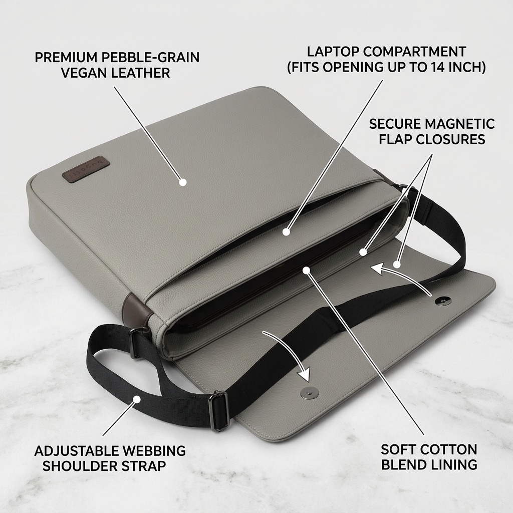 An operational feature callout graphic for the Bugatti MSG2162BU messenger bag, highlighting its durable vegan leather, laptop compartment, secure magnetic closures, and comfortable shoulder strap for professional use.
