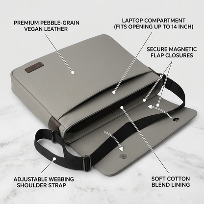An operational feature callout graphic for the Bugatti MSG2162BU messenger bag, highlighting its durable vegan leather, laptop compartment, secure magnetic closures, and comfortable shoulder strap for professional use.
