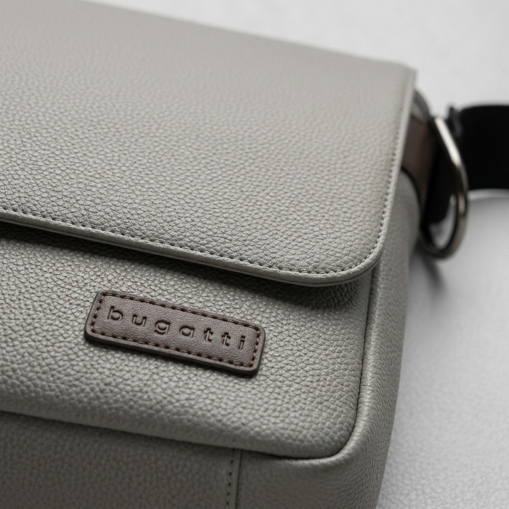 An extreme close-up view of the fine pebble grain leather and metal strap clasp on the Bugatti messenger bag.