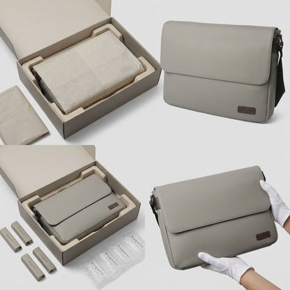 A detailed photograph showing a grey pebble grain vegan leather messenger bag being unboxed from a premium, protected shipping carton, with an emphasis on its pristine condition.