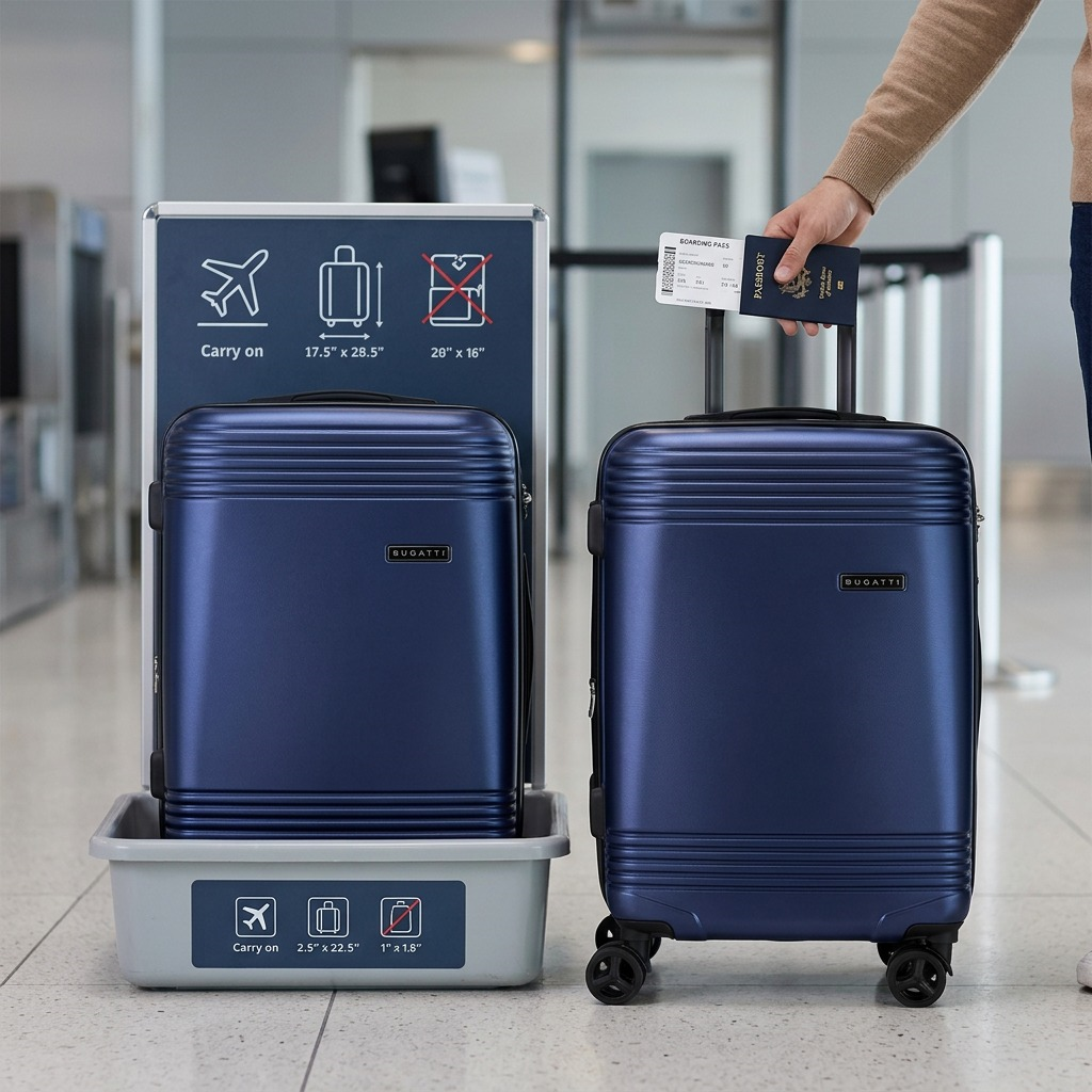 A scale reference view showing the blue Bugatti Nashville carry-on suitcase, as pictured in image_0.png, next to an airline size check and a person's hand holding a boarding pass to confirm its standard dimensions. For reference, the dimensions are noted to be approved as a standard carry-on. No on-image text or added brand logos are present. The model's forearm is visible holding the card. No packaging. Realistic lighting, clean style.