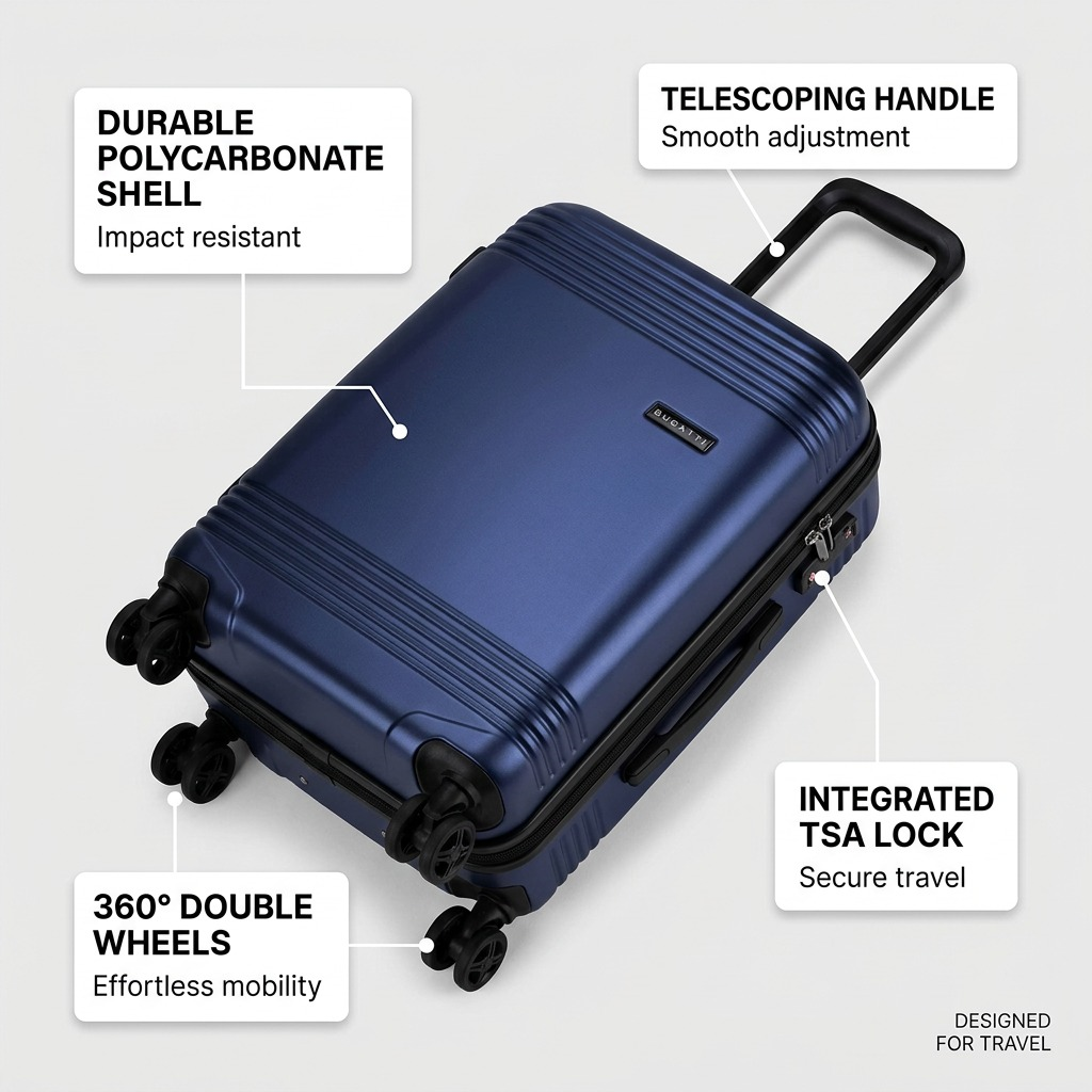 Bugatti Nashville carry-on feature callout diagram, detailing durable polycarbonate shell, telescoping handle, and 360-degree wheels.