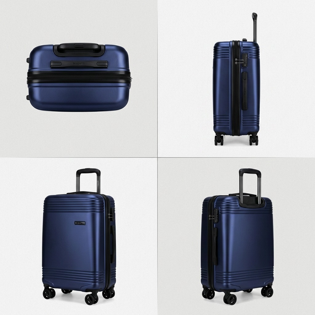 The dynamic comparison matrix presents the Bugatti Nashville carry-on luggage from four distinct angles within a structured grid, highlighting its design.