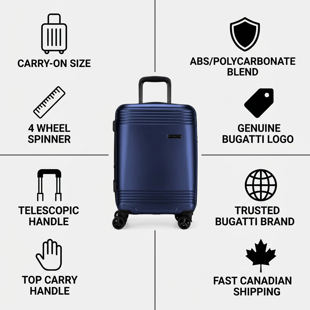 Infographic matrix highlighting facts about the Bugatti Nashville carry-on: fit, build, materials, and handling.