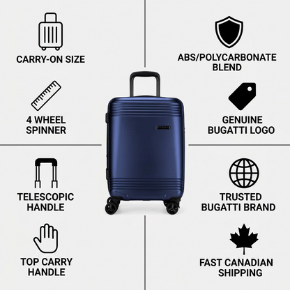 Infographic matrix highlighting facts about the Bugatti Nashville carry-on: fit, build, materials, and handling.