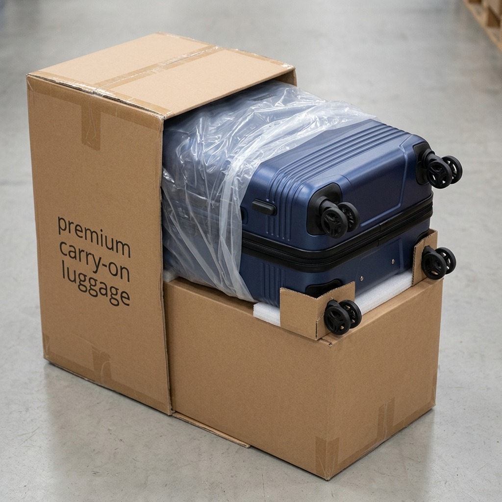 Bugatti metallic blue carry-on luggage with protective corner foam and polybag, shown with a cardboard shipping box and manual, highlighting product confidence.