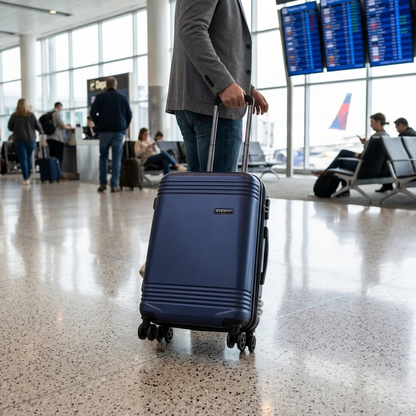 lifestyle shot of navy hard-side carry-on luggage gliding through a modern, light-filled train station lobby.